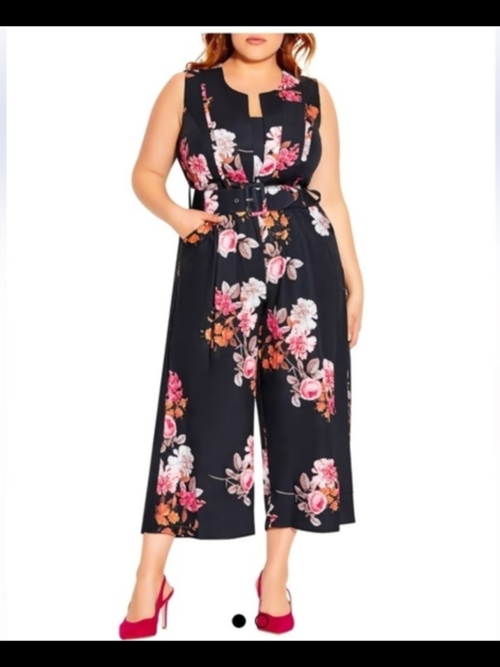City Chic SzM/18 Floral Black Sleeveless Wide-Leg Jumpsuit with Belt